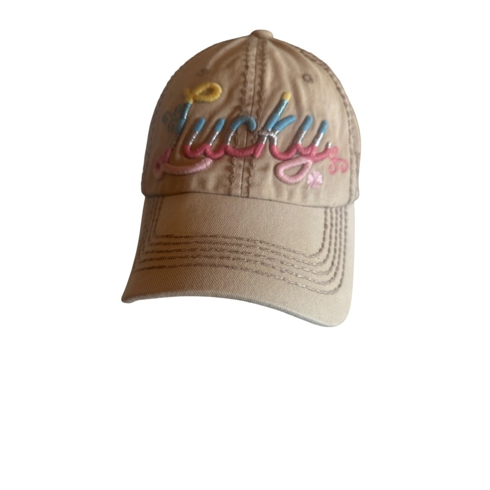 Lucky Embroidered Tan Baseball Cap Adjustable Strap By KBETHOS One Size